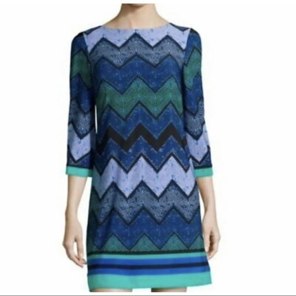 Eliza J Sz 6 Blue Black Green Chevron Print Slinky Shift s Dress - Picture 1 of 10